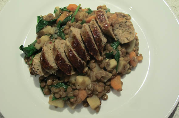 The Three Bite Rule - Lentils with Carrots & Spinach topped with Chicken Sausage
