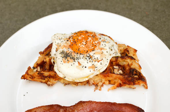 The Three Bite Rule - Waffle-ized Hashbrowns topped with an Egg